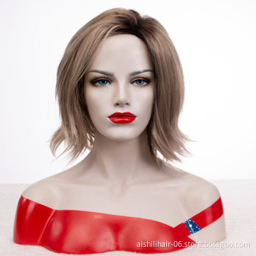 Wholesale heat resistant stort natural straight ombre light brown color  wig 8 inch synthetic hair wig for women